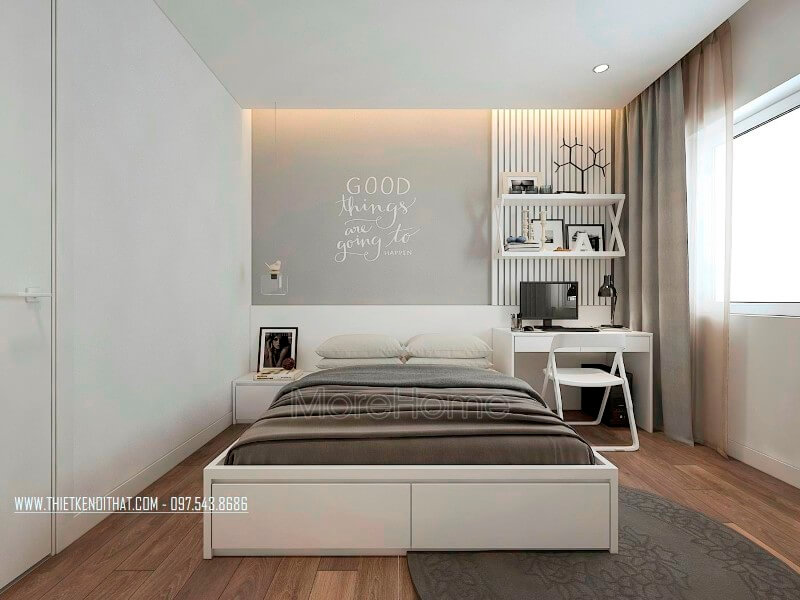 Phía đầu giường được thiết kế tạo điểm nhấn cho không gian phòng ngủ với giấy dán tường hàn quốc màu xám có dán chữ màu trắng.  Thiết kế phòng ngủ tại Hà Nội