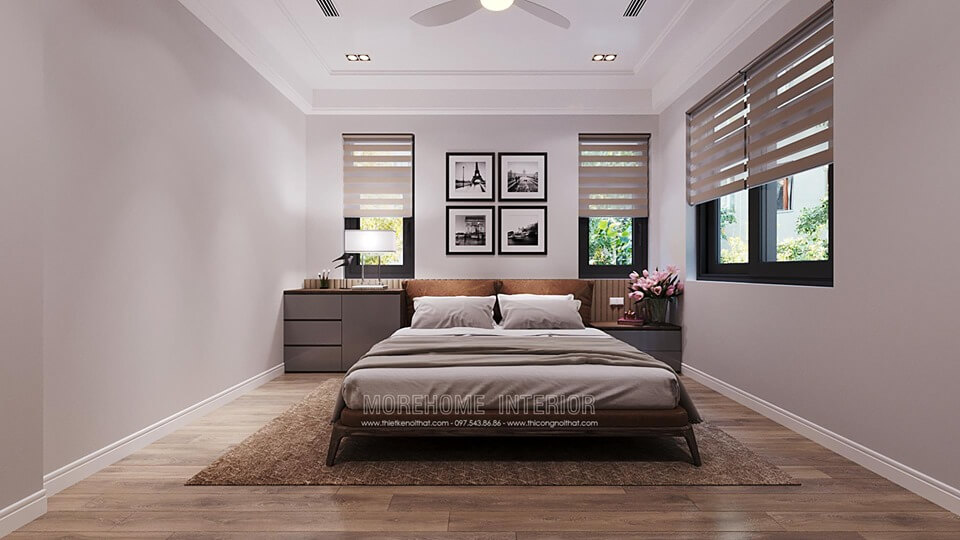Thiết kế phòng ngủ biệt thự Starlake Tây Hồ đẹp với mẫu giường ngủ gỗ óc chó hiện đại