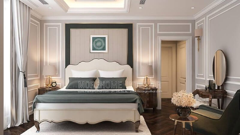 Giường ngủ master độc đáo với đường nét tân cổ điển từ gỗ óc chó kết hợp cùng tone trắng nhẹ nhàng đã tạo nên không gian phòng ngủ sang trọng, thanh lịch.