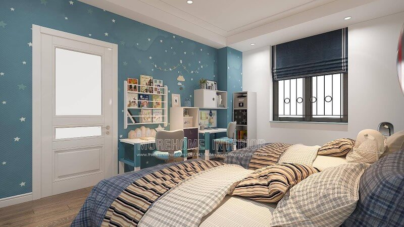 Bố trí phòng ngủ của con với góc học tập được trang trí bắt mắt sẽ là gợi ý khá thú vị, bạn có thể tham khảo ý tưởng thiết kế phòng ngủ của 2 cậu con trai với bàn học được thiết kế tách rời và cách bố trí kệ trang trí, giá để đồ như trong đây. Tùy từng diện tích nhà bạn có thể bố trí phù hợp với căn hộ, nhà phố hay nhà biệt thự của mình. thiết kế nội thất phòng ngủ