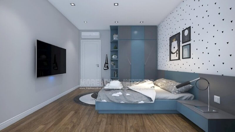 Tủ quần áo gỗ đẹp độc đáo với gam màu nổi bật xanh dương và xám cho phòng bé trai. thiết kế nội thất phòng ngủ