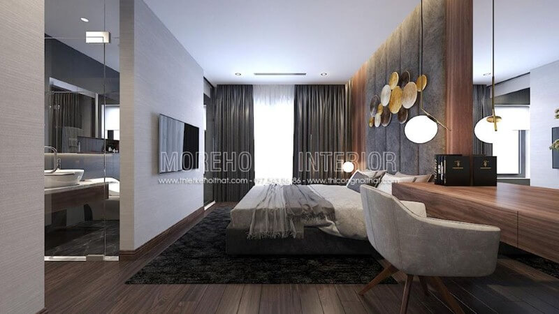 Sắp xếp nội thất phòng ngủ khép kín hiện đại liền phòng vệ sinh độc đáo với ý tưởng thiết kế mở khi sử dụng cửa kính trắng cường lực. thiết kế nội thất phòng ngủ