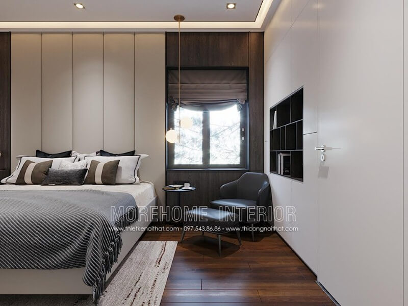 Tấm gỗ ốp tường vân gỗ óc chó đẹp mắt điểm nhấn ấn tượng cho phòng ngủ hiện đại khi kết hợp với tone màu trắng chủ đạo. thiết kế nội thất phòng ngủ