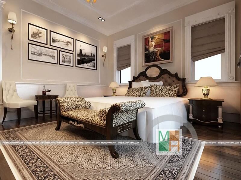 Thiết kế nội thất phòng ngủ với tone màu trắng chủ đạo kết hợp họa tiết báo tạo nên không gian quý phái và quyền lực thiết kế nội thất phòng ngủ