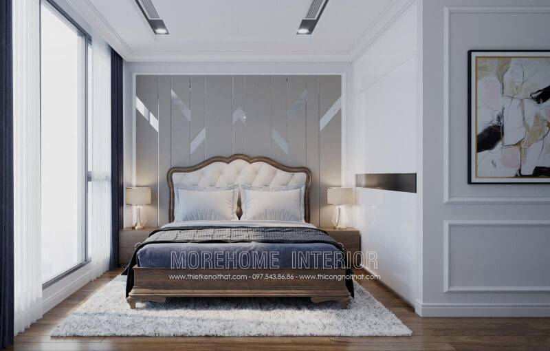 Sự kết hợp giữa tone màu trầm ấm của gỗ óc chó, mảng đầu giường được bọc da màu trắng tạo nên sự sang trong cho cả căn phòng
