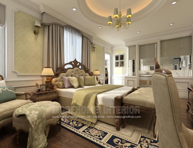Mẫu đầu giường bọc nỉ tân cổ điển này được kết hợp với khung giường bằng gỗ tự nhiên nhập khẩu được sản suất bởi Morehome. Liên hệ 097.543.8686 để được báo giá giường gỗ óc chó đẹp này nhé