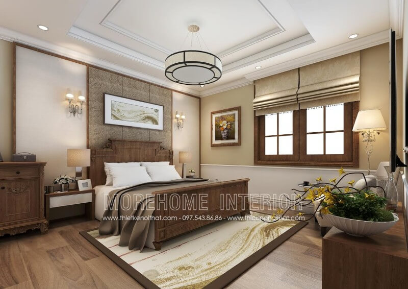 Cùng Morehome chiêm ngưỡng sản phẩm giường ngủ truyền thống bằng gỗ óc chó, mang tinh thần của phong cách tân cổ điển tại không gian phòng ngủ biệt thự do Morehome thiết kế, thi công và sản xuất.