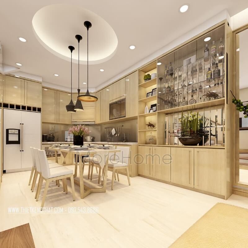 Mẫu bàn ghế ăn gỗ tự nhiên, màu nâu sáng và ghế ăn bọc da đẹp sẽ tạo nên không gian ấm cúng cho gia chủ.
